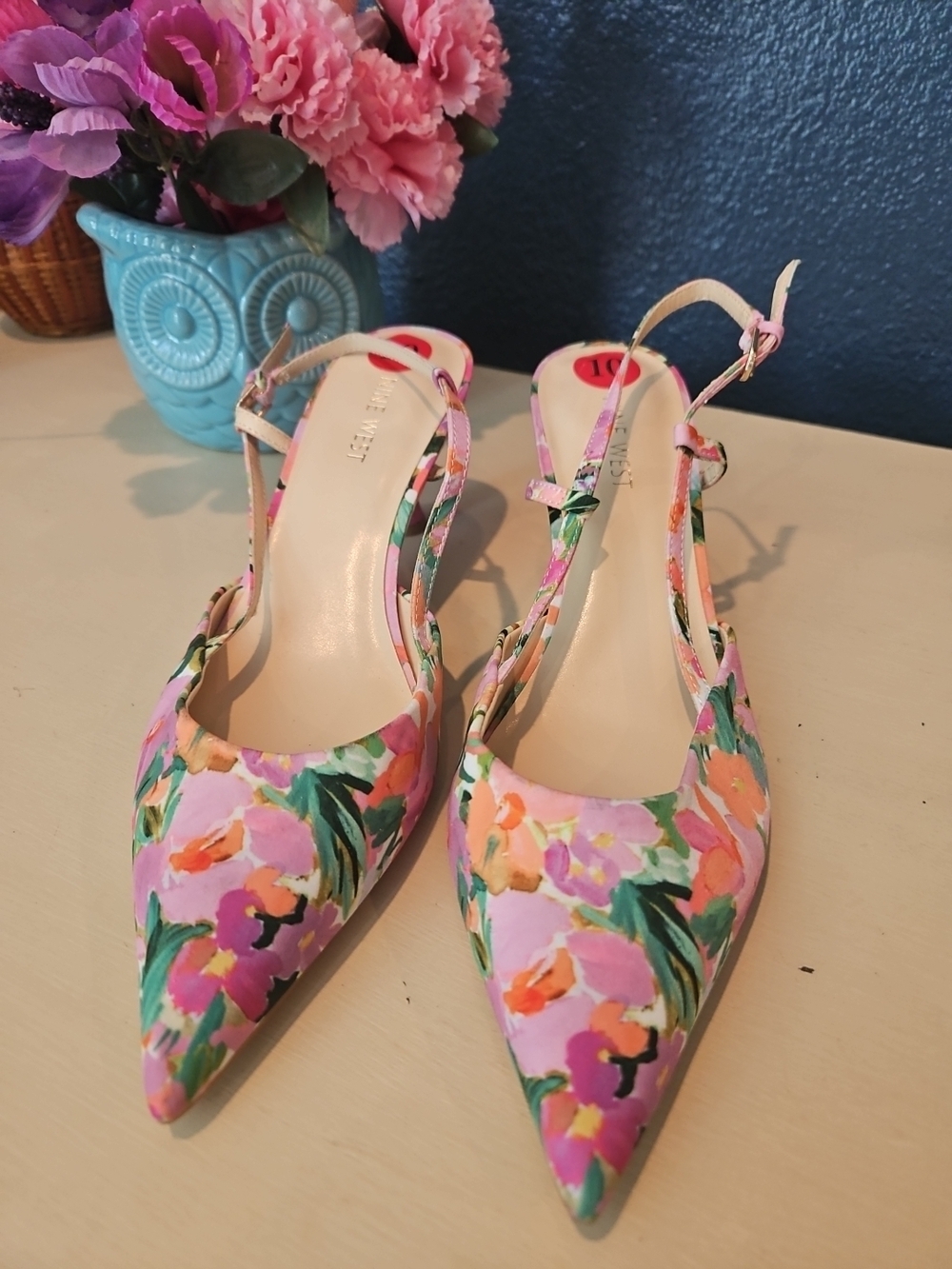 Nine West Pink Floral Slingback Pointed-Toe Kitte Heel New No Box - Picture 2 of 7